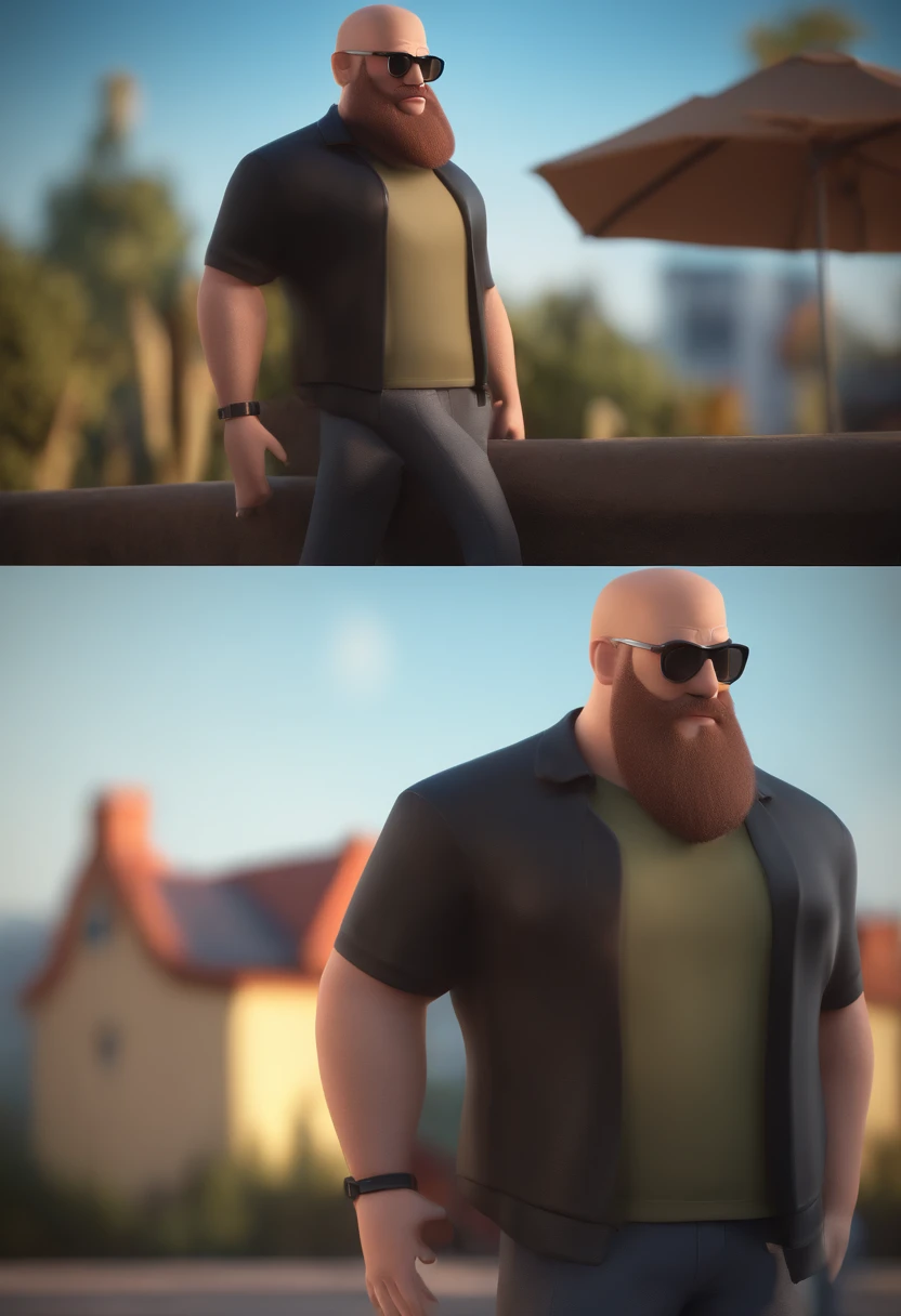 Cartoon character of a man with a shaved head and a big closed beard, with black glasses and black shirt, animation character, Caractere estilizado, animation style rendering, 3D estilizado, Arnold Maya render, 3 d render stylized, toon render keyshot, Personagem 3D, Personagem 3D, 3d rendering stylized, 3 d character render, personagem de desenho animado, Personagem de close up, Pose de personagem, (Estilo Pixar) (master part:1.2) (Bokeh) (best quality) (pele detalhada) (textura detalhada) (8k) (argila) (Cinematic lighting) (foco nítido)