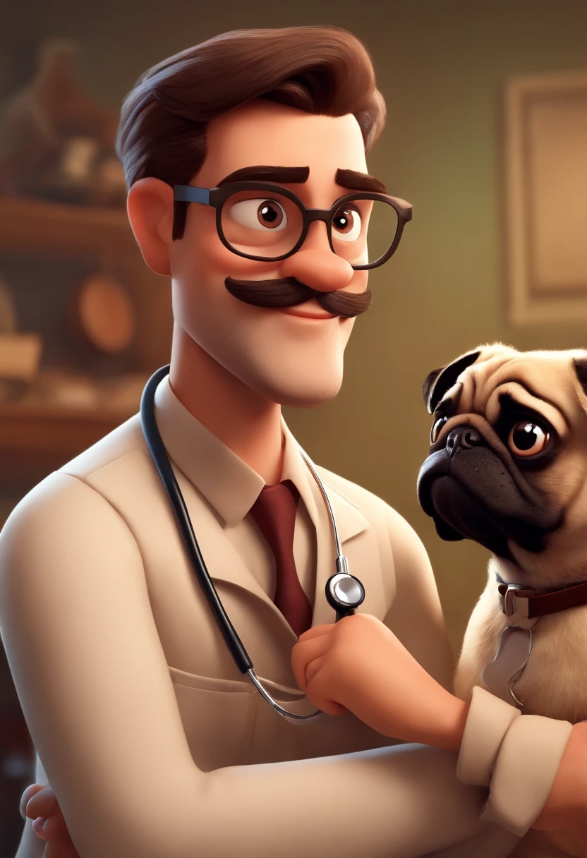 Create a pixar-style character man vet using a stethoscope, segurando no colo uma pug femea, com cabelo curso, Hazel brown eyes