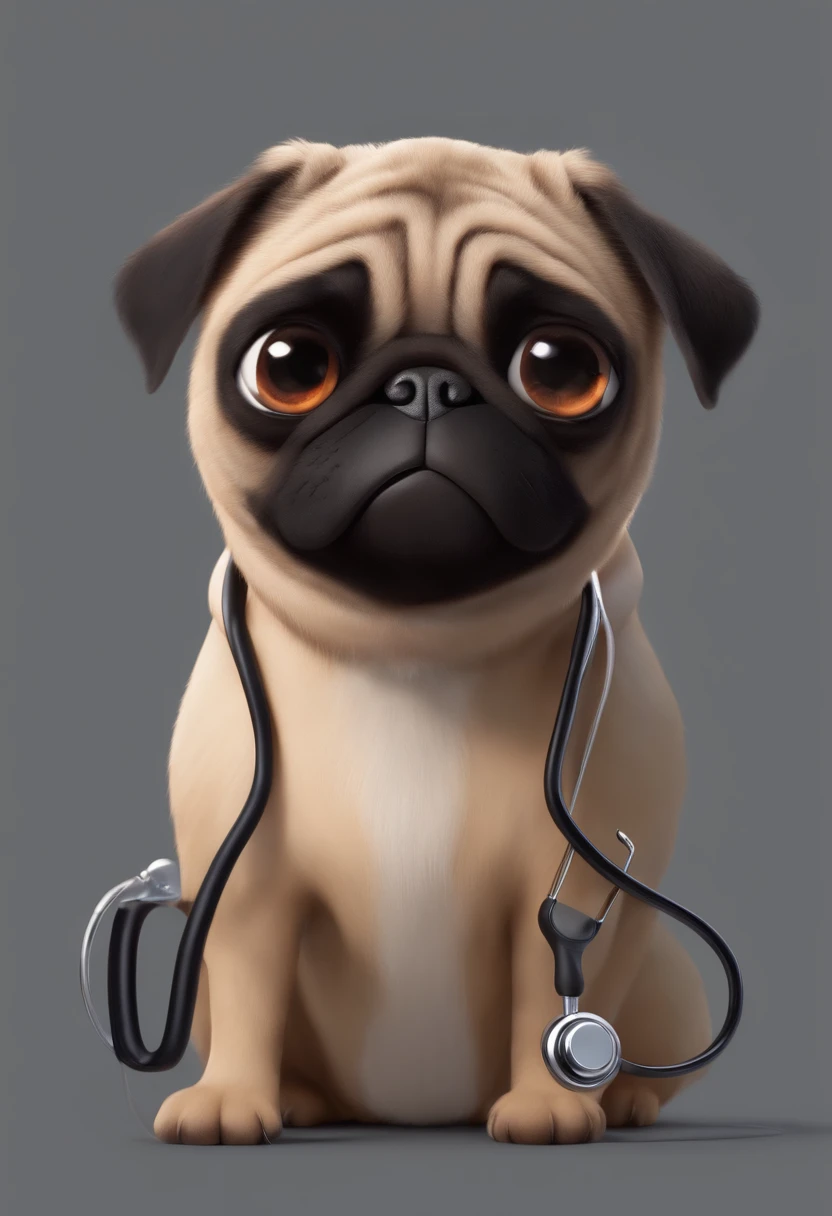 Create a pixar-style character man vet using a stethoscope, segurando no colo uma pug femea, com cabelo curso, Hazel brown eyes