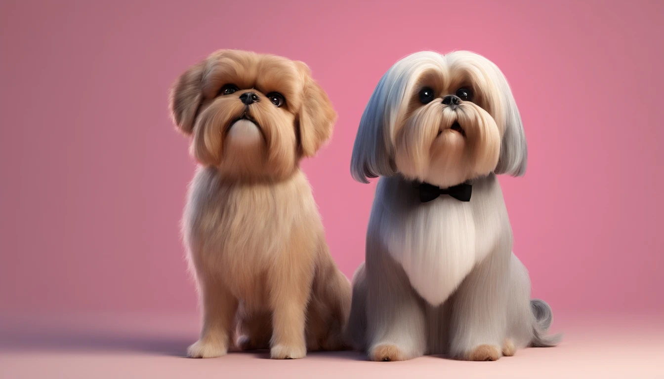 Crie uma Pixar/Disney movie style 4D photo of straight gray medium haired man with his light caramel shih-tzu bitch with black mamcas in the ears, pink bow holding hair