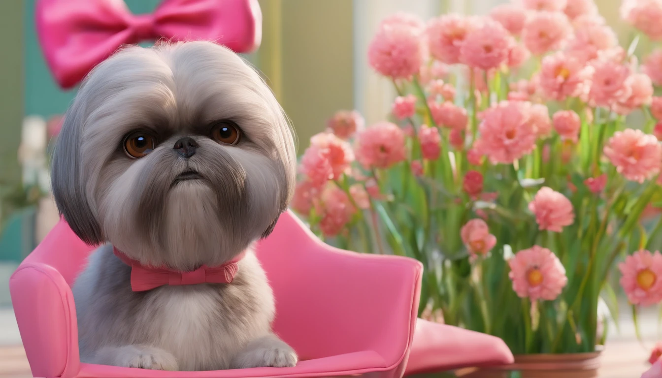 Crie uma Pixar/Disney movie style 4D photo of straight gray medium haired man with his light caramel shih-tzu bitch with black mamcas in the ears, pink bow holding hair