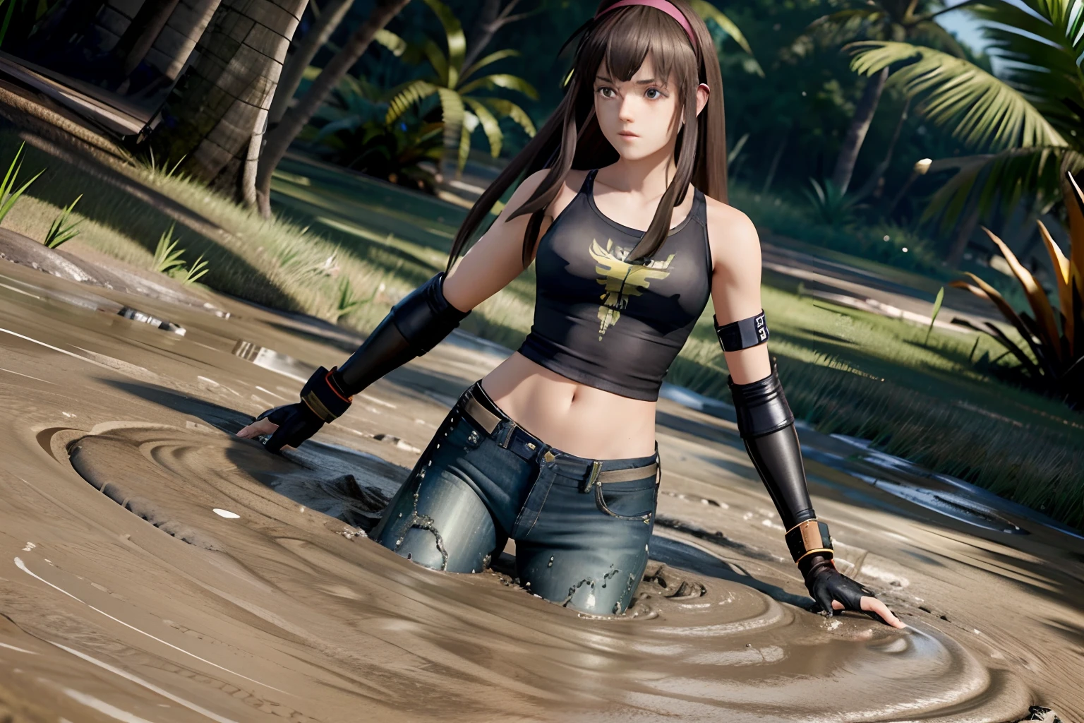 DOAHitomi, 1girl, solo, long hair, gloves, navel, hairband, midriff, pants, tears, fingerless gloves, dutch angle, tank top, denim, jeans, Combat pose, stuck, legs submerged, sinks into a bottomless mud pool, try to get out, background: swampy jungle