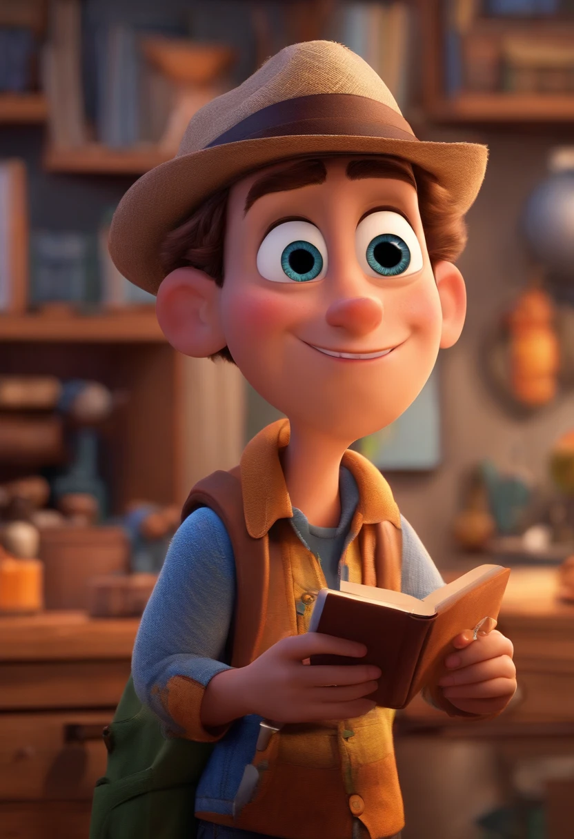 A Graphic Designer in Pixar Animation, de perto. The character takes center stage with captivating facial expressions, with a fingerprint plotter, oferecendo um toque de irrealidade