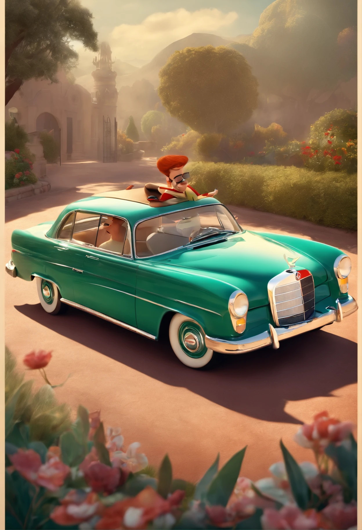Pixar-inspired 3D poster capturing a scene where a 40-year-old man who is six feet tall drives a Mercedes 190 car with his arm out and a cigarette in his mouth, She also wears sunglasses and her hair is short.