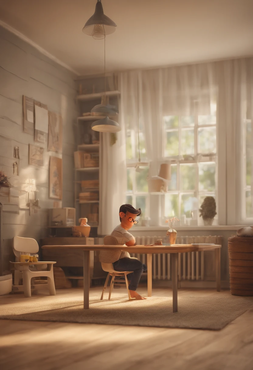 A Disney-Pixar-style 3D movie poster of a tall, rechonchudo, homem careca com um sorriso suave, wearing reading glasses and a wispy goatee, vestindo uma camiseta com os dizeres (Professor Flávio) written in Brazilian Portuguese, with multiple children in a classroom.