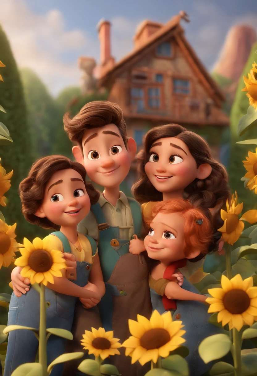 Create a Disney PIXAR-style 3D poster. ((centro da imagem, Triplets)), ((3 )) ((1 menino no meio e 2 meninas ao lado, They're hugging each other, O menino tem pele castanha e cabelos castanhos escuros e olhos castanhos escuros, 1 menina tem pele clara, olhos e cabelos escuros e cacheados, e a outra menina tem pele morena, olhos escuros e cabelos escuros e lisos)) ((tudo isso no estilo Disney PIXAR 3D, In the background, A house of sunflowers, Gloria Studio, The garden is full of nature 3D render RTX clay material, estilo de design cartunesco, POP Mart, soft lighting, linhas suaves, Spring tilt, Detailed illustrations of PIXAR 3D, Detalhes hiper-realistas, cor quente no estilo Disney PIXAR 3D))