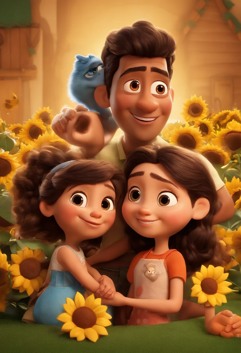 Create a Disney PIXAR-style 3D poster. ((centro da imagem, Triplets)), ((3 children)) ((1 menino no meio e 2 meninas ao lado, They're hugging each other, O menino tem pele castanha e cabelos castanhos escuros e olhos castanhos escuros, 1 menina tem pele clara, olhos e cabelos escuros e cacheados, e a outra menina tem pele morena, olhos escuros e cabelos escuros e lisos)) ((tudo isso no estilo Disney PIXAR 3D, In the background, A house of sunflowers, Gloria Studio, The garden is full of nature 3D render RTX clay material, estilo de design cartunesco, POP Mart, soft lighting, linhas suaves, Spring tilt, Detailed illustrations of PIXAR 3D, Detalhes hiper-realistas, cor quente no estilo Disney PIXAR 3D))
