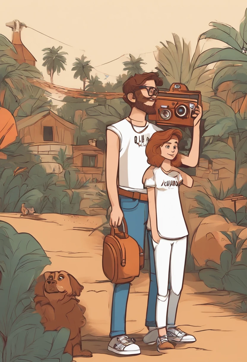 crie um banner no estilo Pixar. Um menino, branco pardo com cabelos curtos, Castanhos escuros, jovem, usando uma camiseta preta, Wearing jeans and holding a camera.