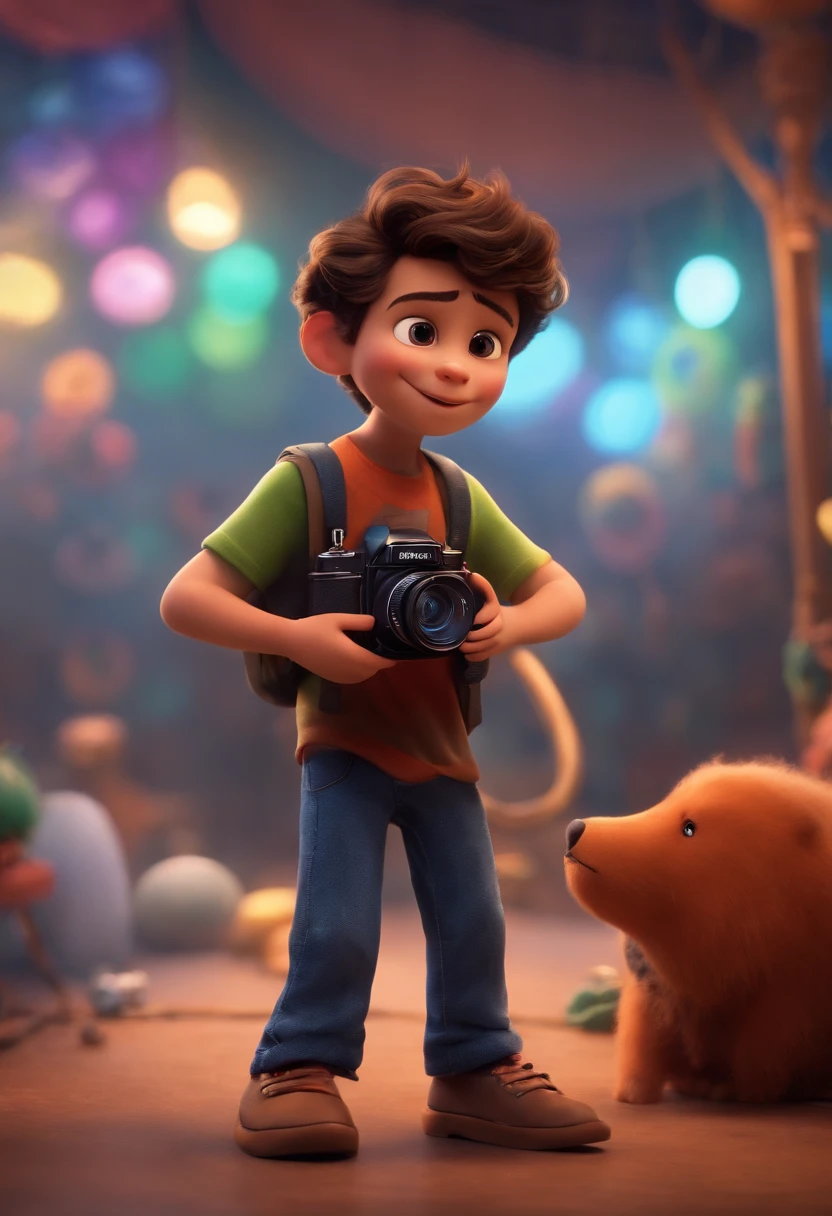 crie um banner no estilo Pixar. Um menino, branco pardo com cabelos curtos, Castanhos escuros, jovem, usando uma camiseta preta, Wearing jeans and holding a camera.