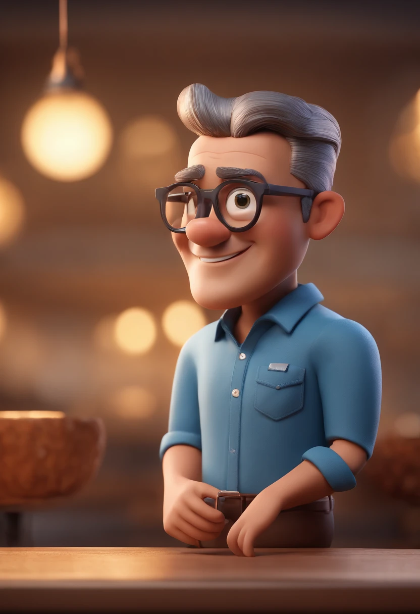 Cartoon character of a man with black glasses and a blue shirt, animation character, Caractere estilizado, animation style rendering, 3D estilizado, Arnold Maya render, 3 d render stylized, toon render keyshot, Personagem 3D, Personagem 3D, 3d rendering stylized, 3 d character render, personagem de desenho animado, Personagem de close up, Pose de personagem, (Estilo Pixar) (master part:1.2) (Bokeh) (best quality) (pele detalhada) (textura detalhada) (8k) (argila) (Cinematic lighting) (foco nítido