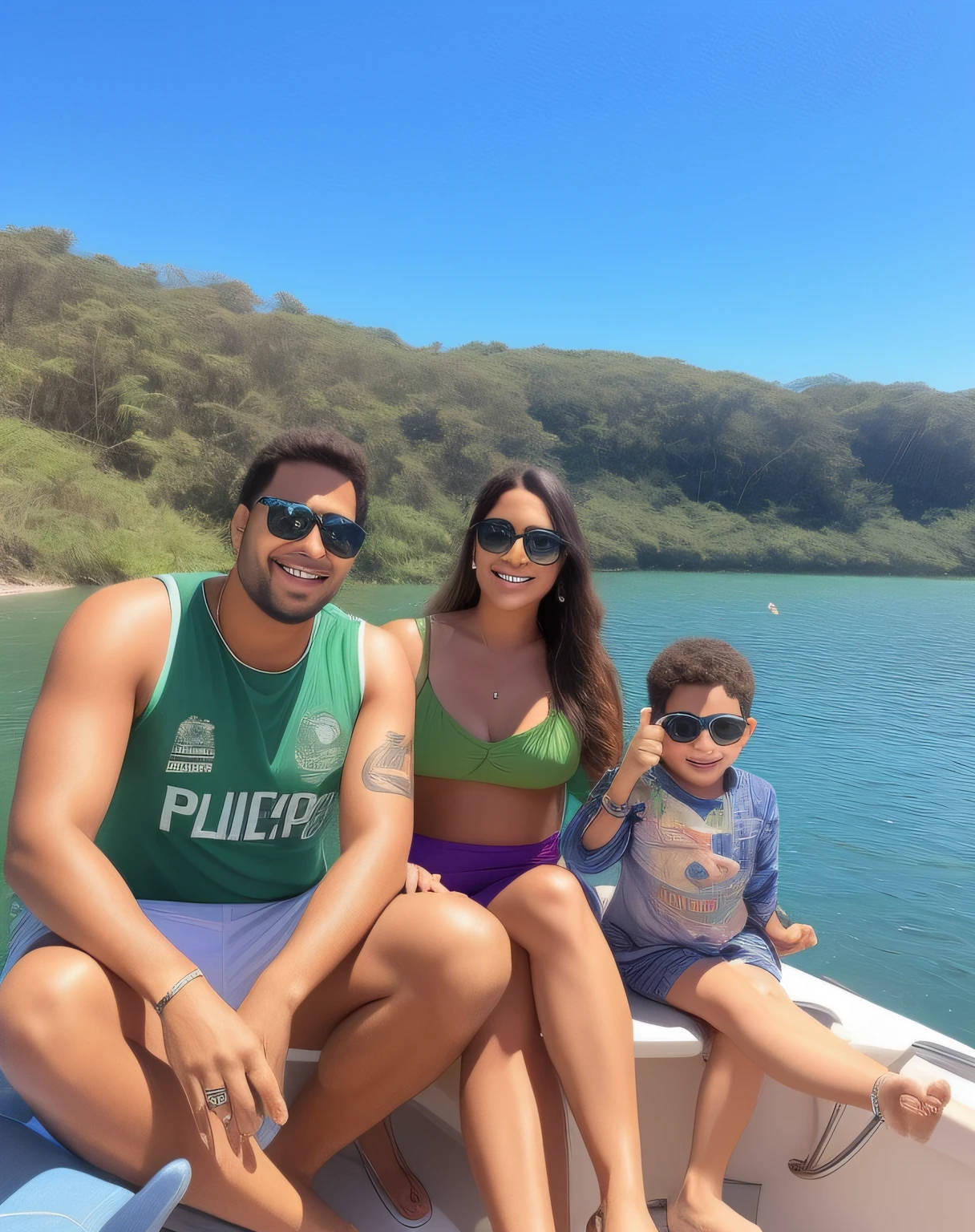 There are two people and a child sitting on a boat, Husband with sunglasses, esposa e filho, divertindo-se, em um barco, em um barco em um lago, no oceano, on the ocean water, vacation photo, tirado no iphone 1 3 pro, tirado no iphone 14 pro, imagem de perfil, 🌻🎹🎼, belos arredores, daniel mirante