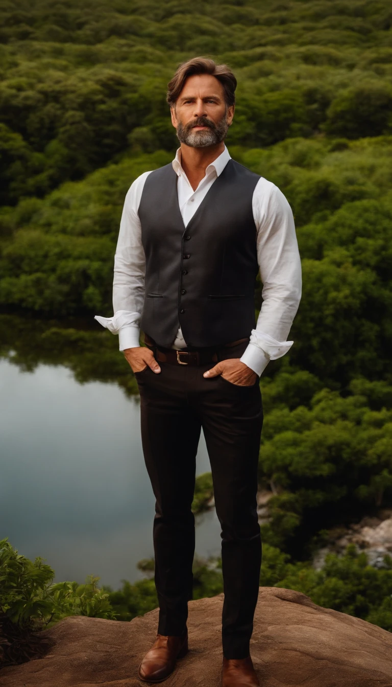 um homem, brown hair, curto, 45 anos em bela paisagem, forma realista