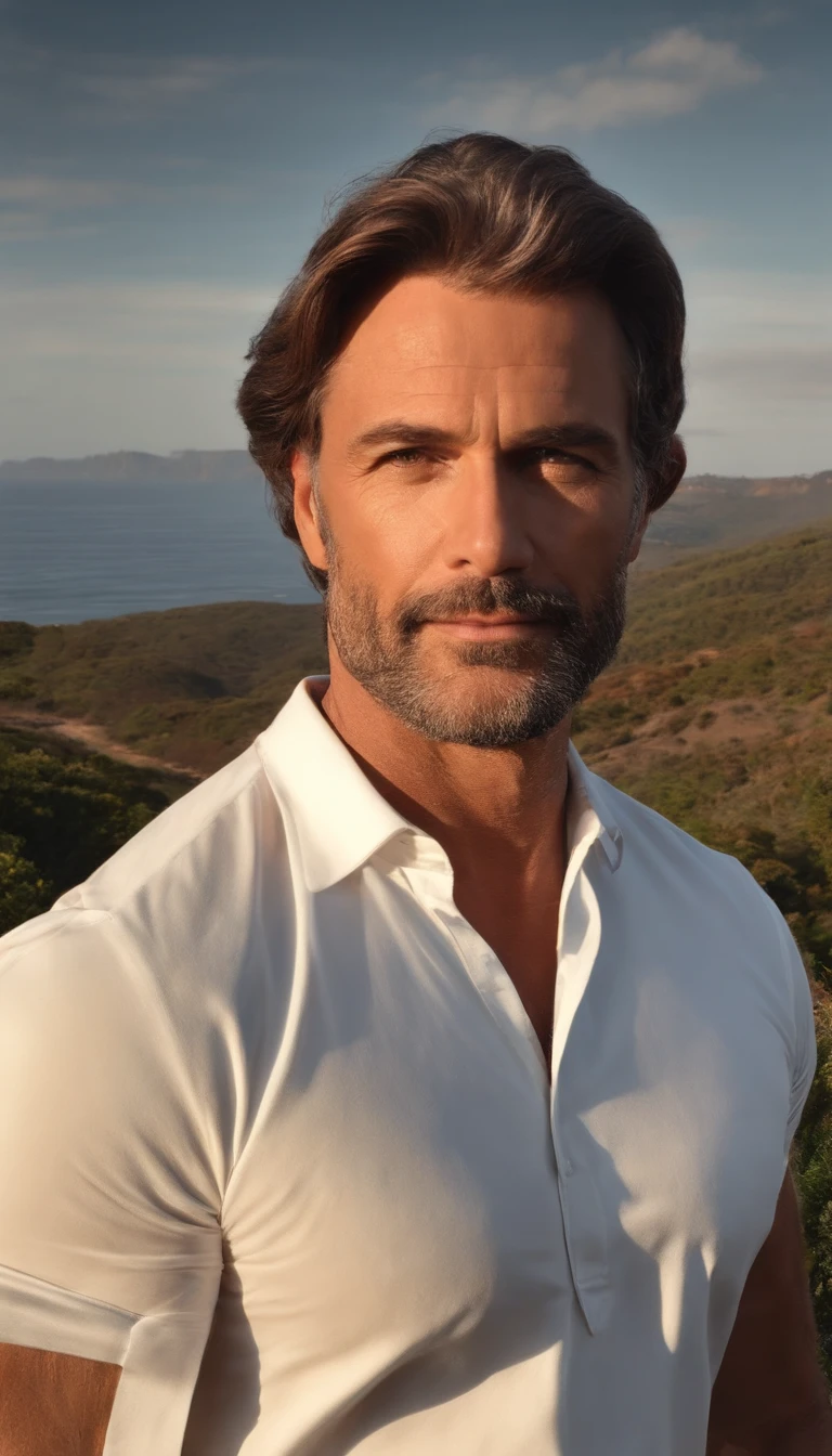 um homem, brown hair, curto, 45 anos em bela paisagem, forma realista