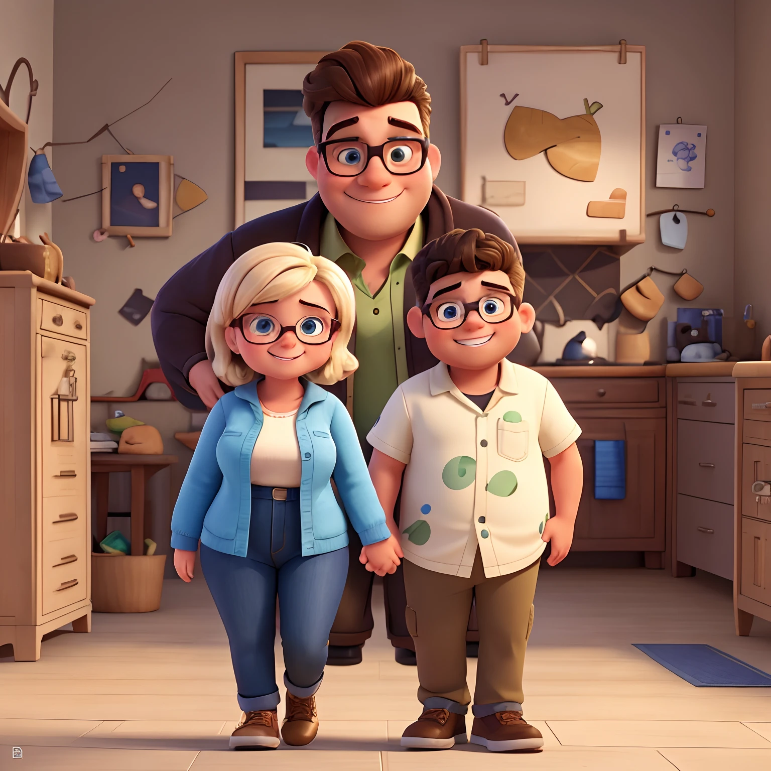 An illustration of an adorable couple, A chubby, bespectacled, round, smiling mulatto man—a white-skinned woman with beautiful expressive eyes—the man's skin is mulatto, and the man's hair has a low military cut, while the woman's skin is white and the woman's hair is blonde. Desenvolva esta arte em Full HD, Focus on your cinematic touch, Estilo Disney Pixar Animations