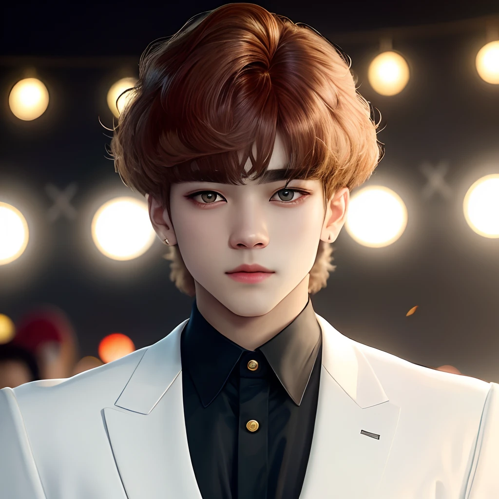 Taehyung con el cabello despeinado rubio con mechas marrones y sus heterocromia