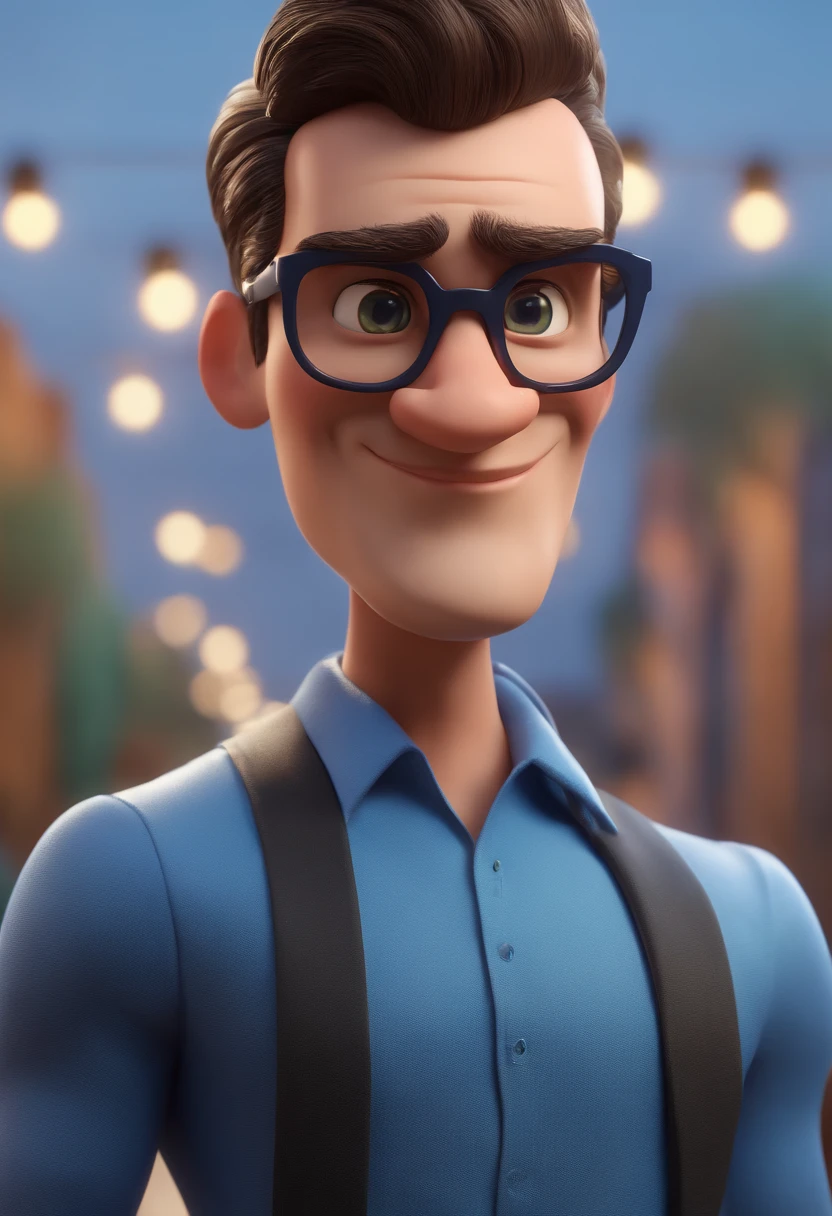 Cartoon character of a man with black glasses and a blue shirt, animation character, Caractere estilizado, animation style rendering, 3D estilizado, Arnold Maya render, 3 d render stylized, toon render keyshot, Personagem 3D, Personagem 3D, 3d rendering stylized, 3 d character render, personagem de desenho animado, Personagem de close up, Pose de personagem, (Estilo Pixar) (master part:1.2) (Bokeh) (best quality) (pele detalhada) (textura detalhada) (8k) (argila) (Cinematic lighting) (foco nítido