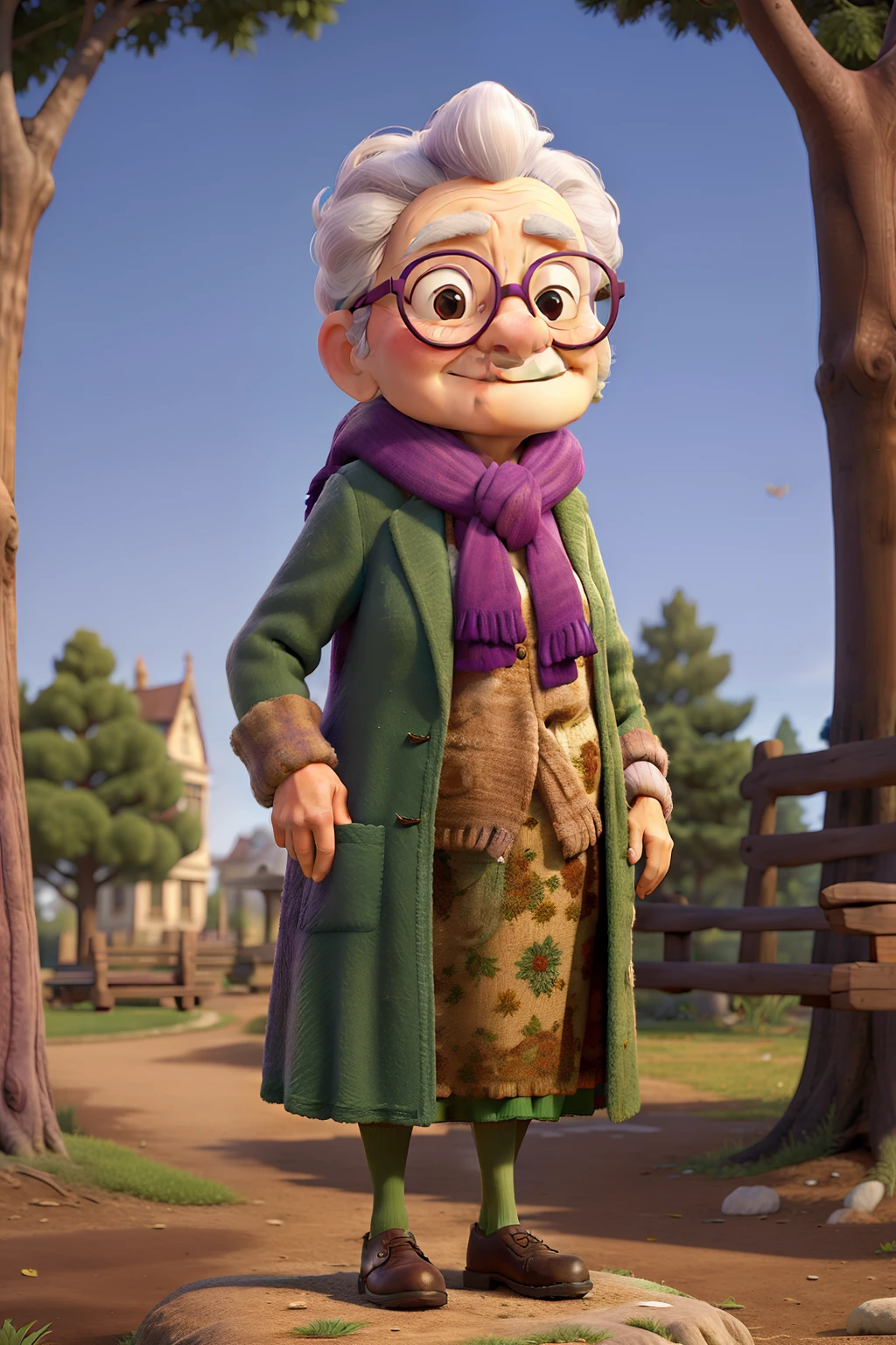 masterpiece, best quality, an old woman with glasses and a scarf on, wearing a purple coat and green scarf, standing at the park