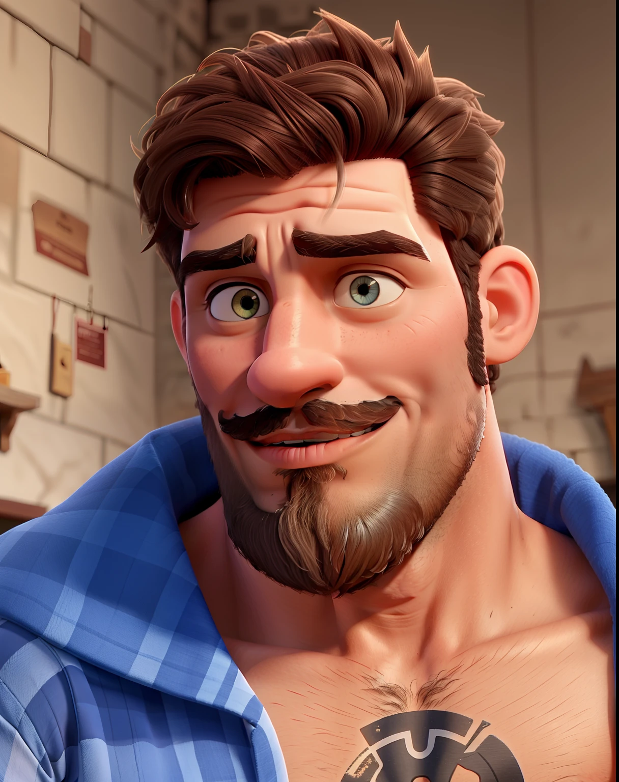 Um velho gordo de cabelos brancos, contra o pano de fundo de uma barbearia