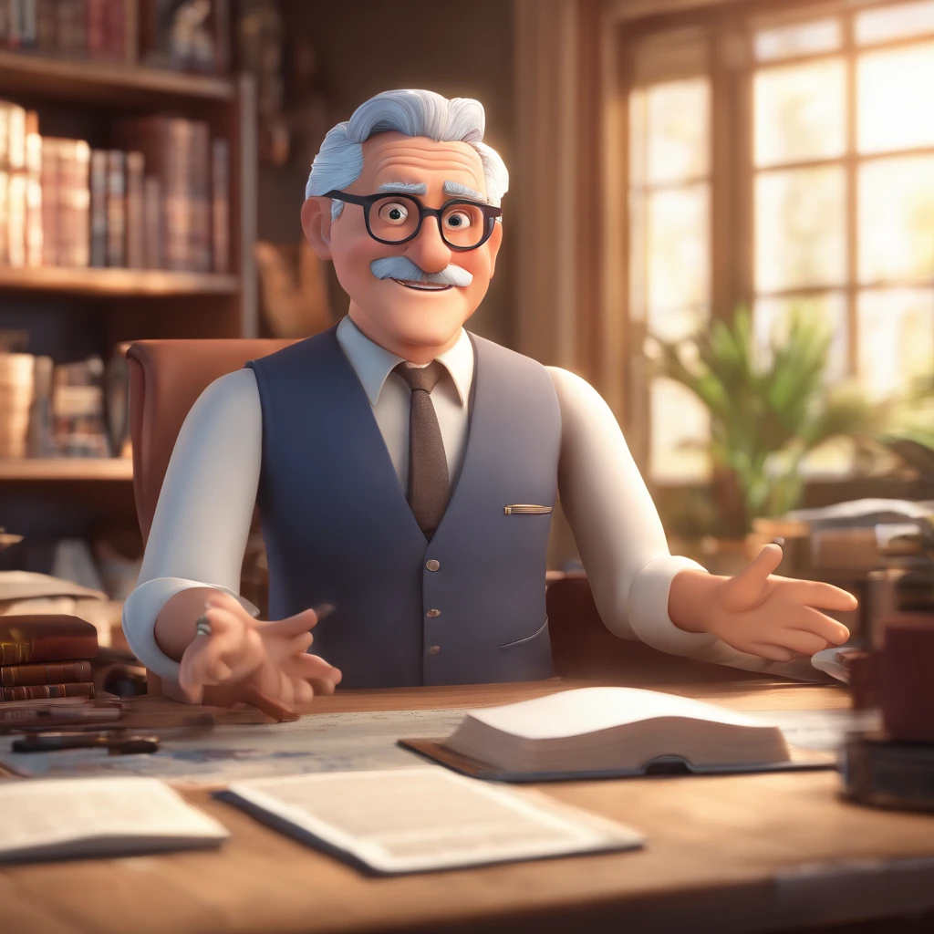 Crie um cartaz inspirado na Disney Pixar com o personagem sendo o pastor Rubens Janier, A gray-haired man wearing glasses, in an office with a Bible on the table