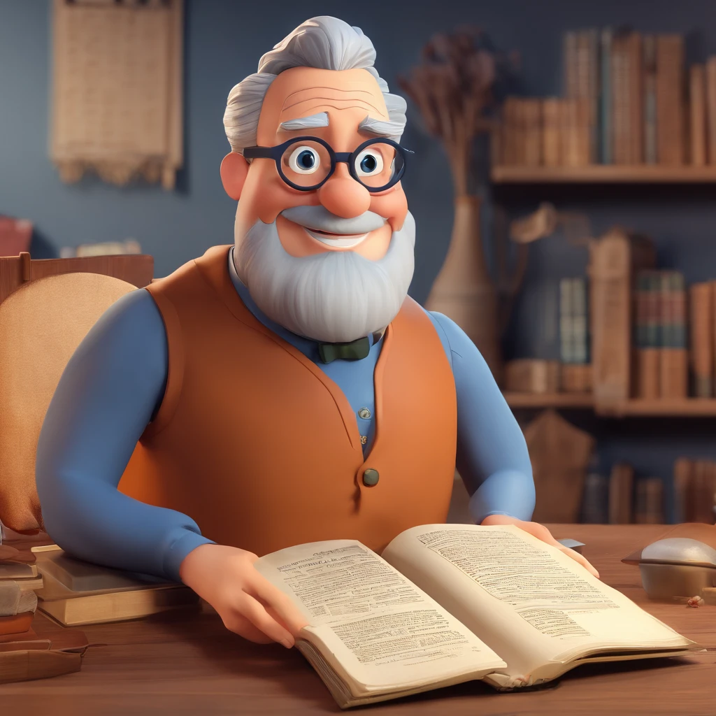 Crie um cartaz inspirado na Disney Pixar com o personagem sendo o pastor Rubens Janier, A gray-haired man wearing glasses, in an office with a Bible on the table