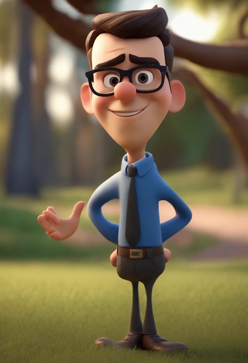 Cartoon character of a man wearing black glasses and a blue shirt, um personagem animado, Caractere estilizado, animation style rendering, 3D estilizado, Arnold Maya render, 3 d render stylized, toon render keyshot, Personagem 3D, Personagem 3D, 3d rendering stylized, 3 d character render, personagem de desenho animado, Personagem de close up, Pose de personagem, (Estilo Pixar) (master part:1.2) (Bokeh) (best quality) (pele detalhada) (textura detalhada) (8k) (argila) (Cinematic lighting) (foco nítido,Senta e vaza a parte superior do corpo