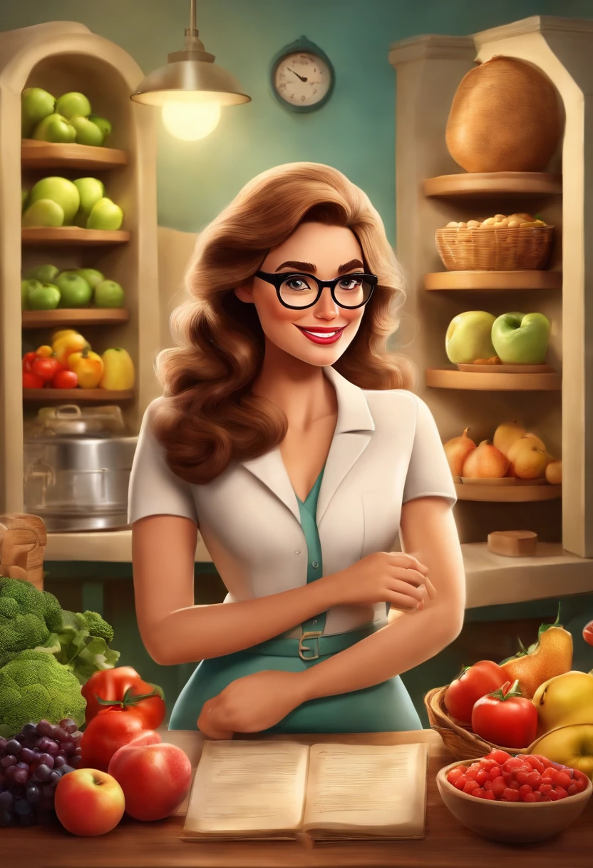 Create a poster in the style of Disney PIXAR movies
The setting should be a nutrition clinic, com cores claras. A imagem principal deve ser de uma nutricionista jovem, de pele morena clara, cabelos lisos escuros chanel, sorriso no rosto. Wearing glasses and dressed like a nutritionist. The woman must occupy up to 30% da imagem, at the top should have the title in PIXAR DISNEY handwriting and style.