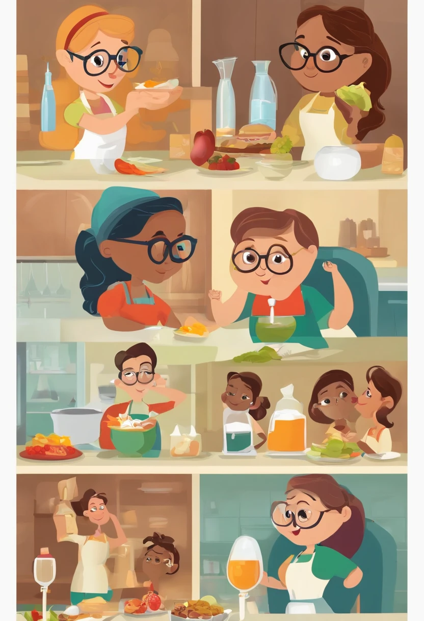Create a poster in the style of Disney PIXAR movies 
The setting should be a nutrition clinic, com cores claras. A imagem principal deve ser de uma nutricionista jovem, de pele morena clara, cabelos lisos escuros chanel, sorriso no rosto. Wearing glasses and dressed like a nutritionist. The woman must occupy up to 30% da imagem, at the top should have the title in PIXAR DISNEY handwriting and style.