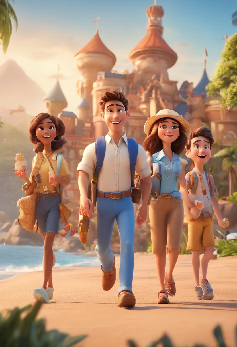 Cartoon of friends having fun on vacation together, 3D Animation Movie Poster, Poster de filme animado, pixar 3 d animation style, pixar renderman rendering, maia 8 mil, animated film, Disney Pixar Estilo 3D, amigos felizes saem juntos, all wearing light blue shirts and cream brown long pants, camisa azul clara, cream brown pants, ao ar livre, vacation, Disney Pixar Animation Poster