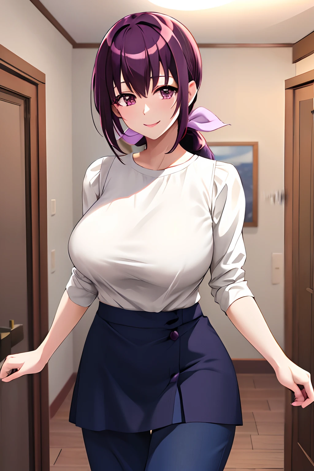 masterpiece, best quality, highres, hi1, purple hair,  purple eyes, large breasts, hair bow, skirt, pants, white shirt, cowboy shot, smile, indoors