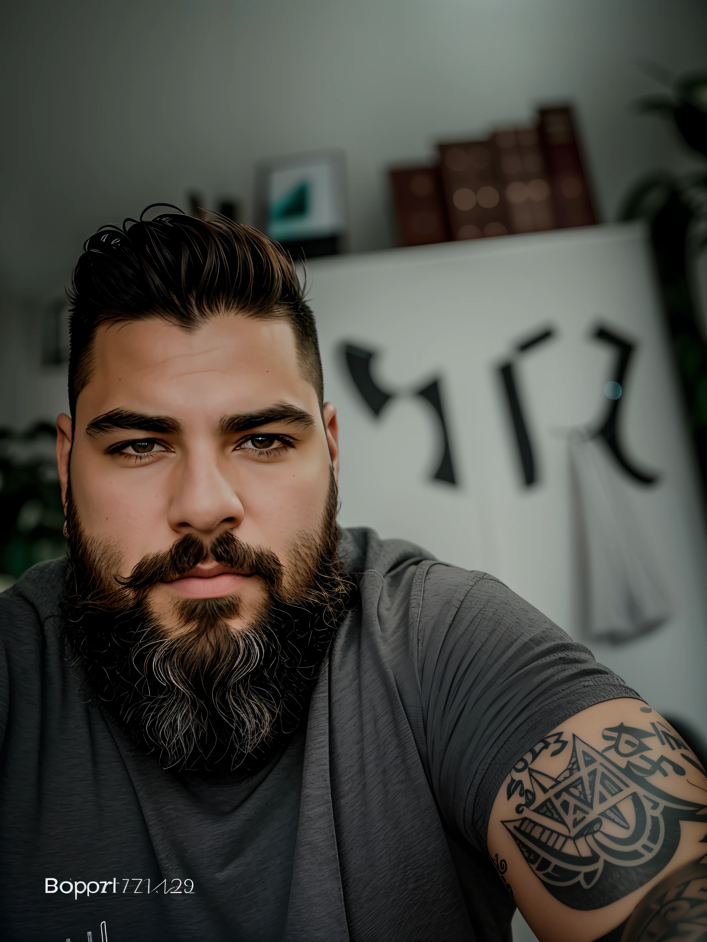 arafed man with a beard and a tattoo on his arm, Tiro na Nikon Z9, Retrato tirado 8 K, shot with sony alpha 1 camera, Tiro em Leica SL2, Tiro em Sony A 7 III, Tiro na Canon EOS R5, Tiro na Canon EOS R 5, looking to the side off camera, looking away from camera, imagem frontal