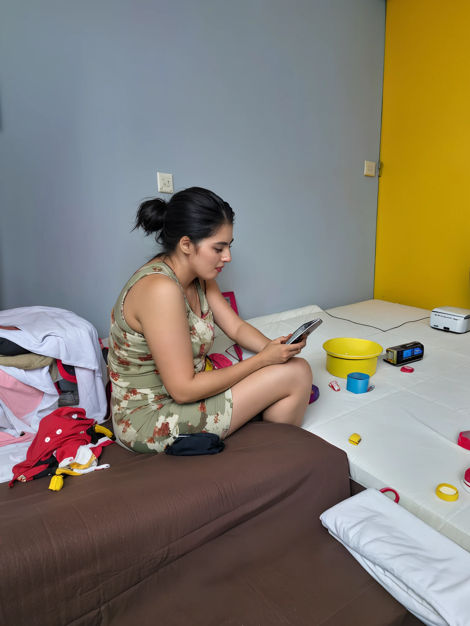 There is a woman sitting on a bed with a cell phone, sentada em seu quarto, Jogar, em seu quarto, foto muito precisa, Brincando, verificando seu telefone, sentado no quarto, messy room, a mulher segura mais brinquedos, Deusa verificando seu telefone, Tomada com Canon 8 0 D, sitting on the floor, estudar no quarto