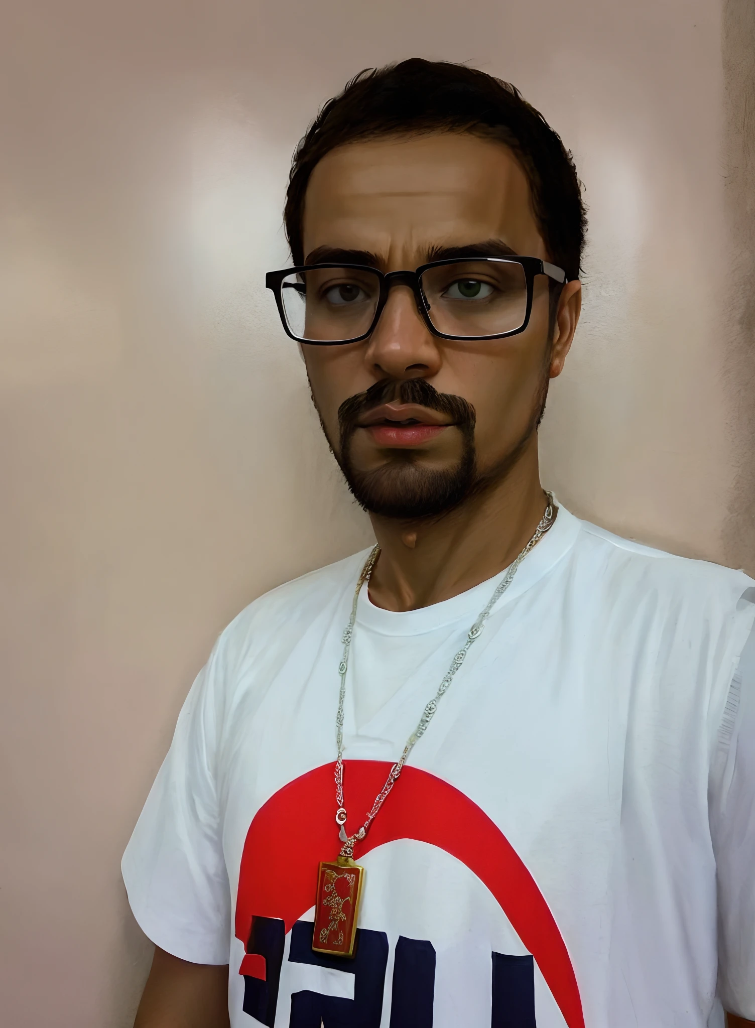 there is a man wearing a white shirt and a necklace, caio santos, icaro carvalho, inspired by Antônio Parreiras, with nerdy glasses and goatee, by Herbert MacNair, inspired by Francis Souza, david rios ferreira, profile picture 1024px, inspired by Nathan Oliveira, inspired by Samuel Silva