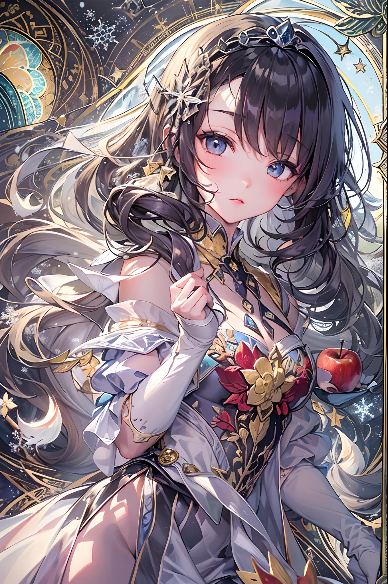 (masuter piece、top-quality、Mystical、Beautifully Aesthetic、Perfect human body balance、offcial art、Impresionismo、von gogh:1.2)、(1 girl in:1.3)、(Fractal Art:1.0)、shinny skin、patterns、(Princess Snow White:1.4)、(apple、speculum:1.2)、(Tie your hair with a large ribbon、Luxurious dresses、Yellow miniskirt、beauty legs、white sock、A dark-haired、Black eyes)、Exotic wallpapers、highly colorful、Abstract background、Fantastical