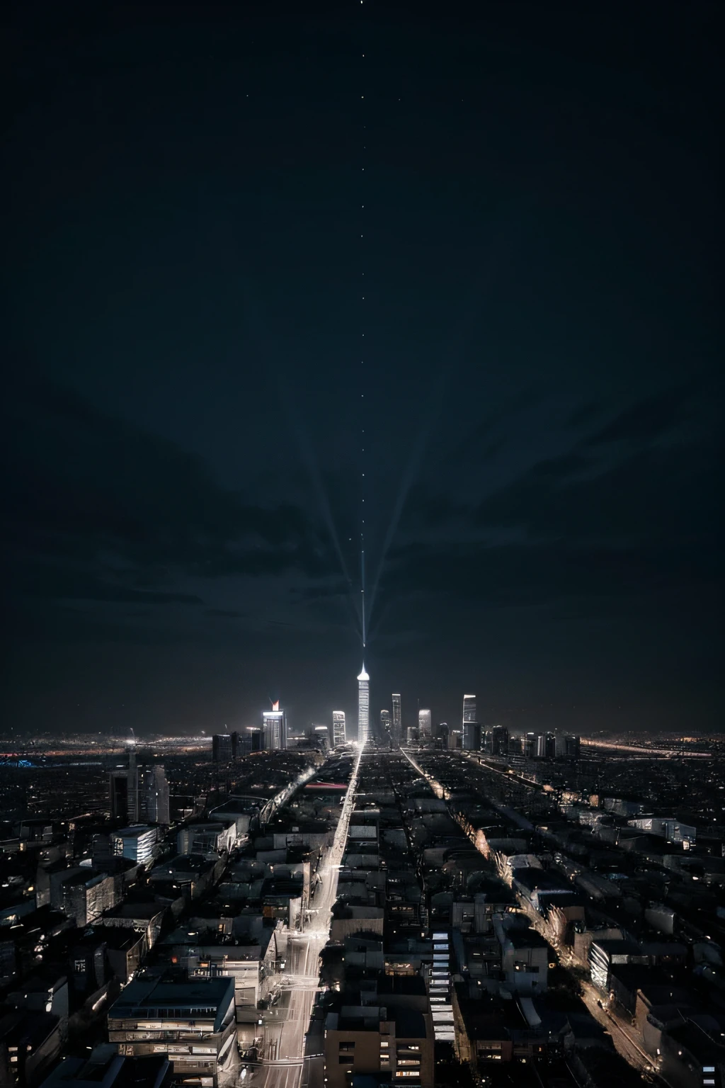 Create a minimalist image of a city at night, with illuminated scratches in shades of gray and blue, destacando a beleza da simplicidade urbana.