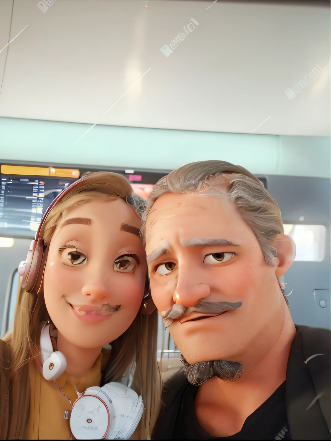 a man with a mustache and goatee and a woman with pink lipstick and headphones around his neck, no estilo pixar