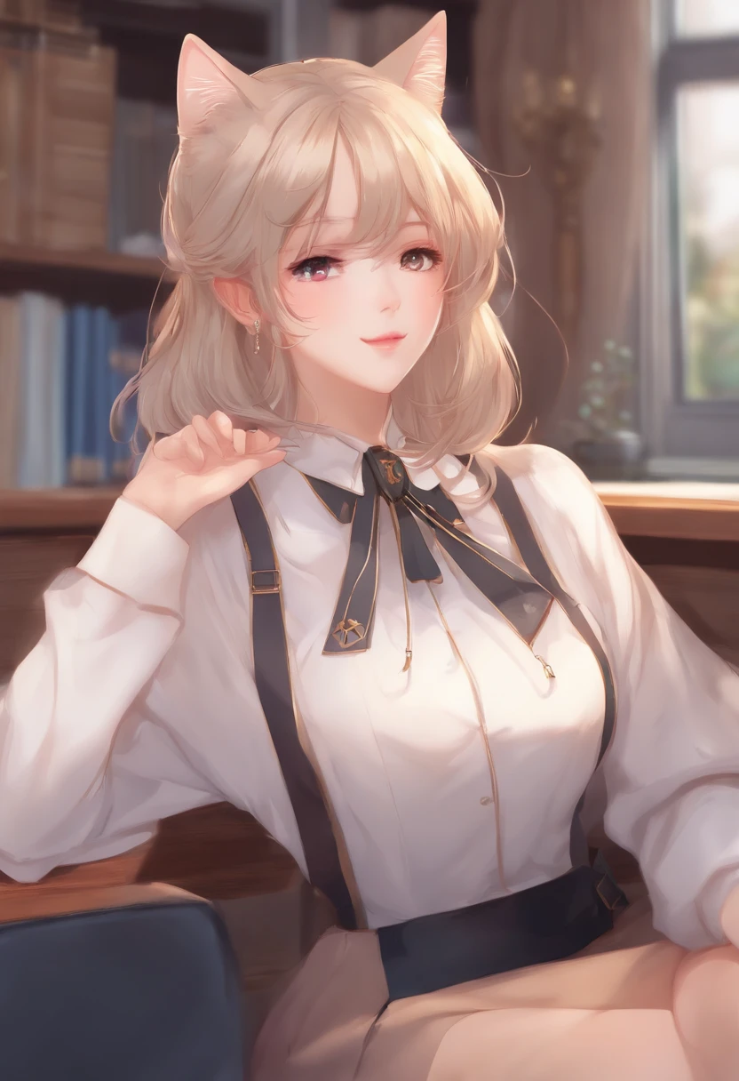 Cabelo colorido e vestido colorido em anime ((orelha de gato 1girl)), Vivid pastel school uniform, rossdraw vivid cartoon, Estilo anime 4K, retrato bonito do anime, artgerm colorido!!!、! Germe da Arte dos Sonhos, Anime bonito, orelha de gato 1girl, arte digital estilo anime, Anime Art Wallpaper 4K, Anime Art Wallpaper 4K, arte de anime digital, germe de arte altamente detalhado, Uniforme escolar, corpo inteiro, sitting in her office, cabelos brancos, Front view, Sorrindo,