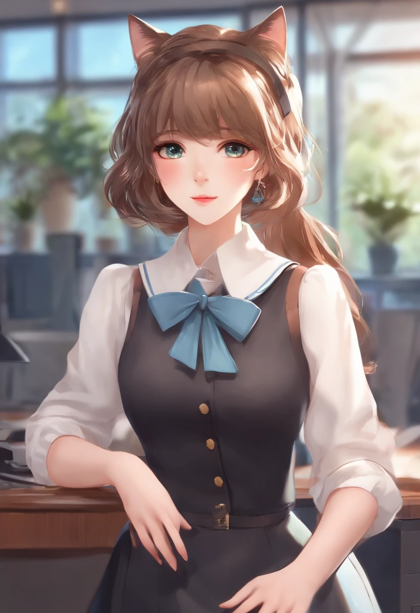 Cabelo colorido e vestido colorido em anime ((orelha de gato 1girl)), Vivid pastel school uniform, rossdraw vivid cartoon, Estilo anime 4K, retrato bonito do anime, artgerm colorido!!!、! Germe da Arte dos Sonhos, Anime bonito, orelha de gato 1girl, arte digital estilo anime, Anime Art Wallpaper 4K, Anime Art Wallpaper 4K, arte de anime digital, germe de arte altamente detalhado, Uniforme escolar, corpo inteiro, sitting in her office, cabelos brancos, Front view, Sorrindo,