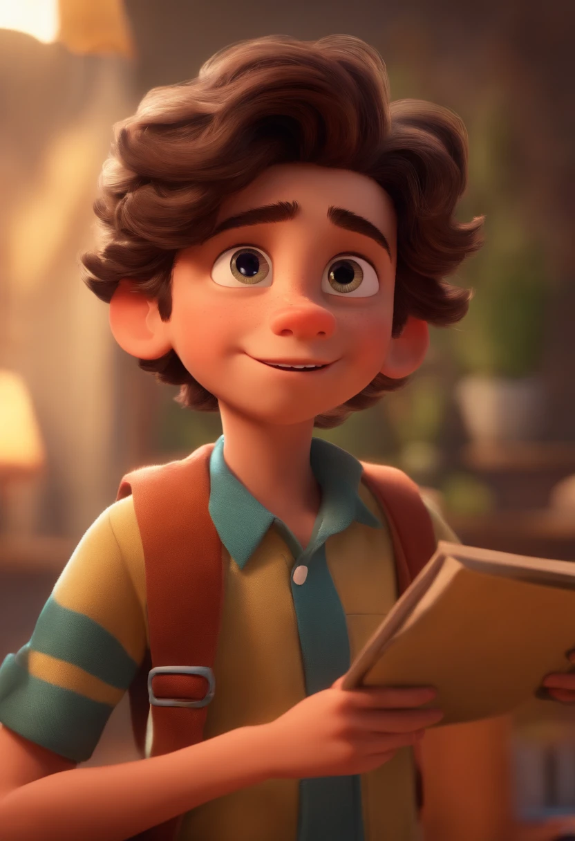 Image of a boy for a story in a YouTube video in Pixar format, He's the allabester, He's the class leader, He's outgoing, Playful and gets up for a lot of things, cabelo curto