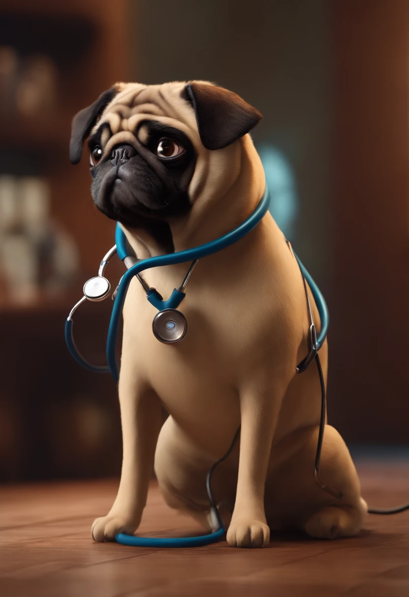 Create a pixar-style character man vet using a stethoscope, segurando no colo uma pug femea, com cabelo curso, Hazel brown eyes
