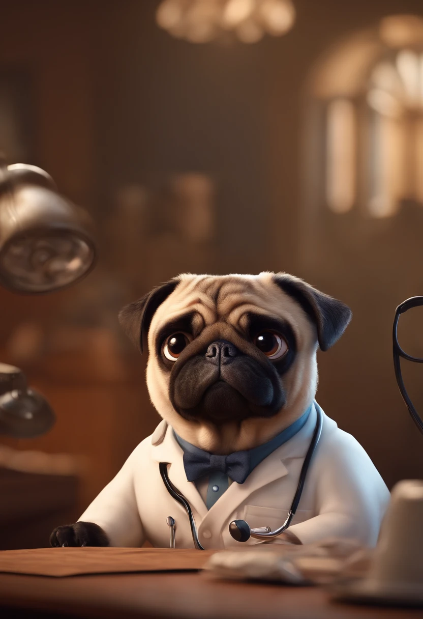 Create a pixar-style character man vet using a stethoscope, segurando no colo uma pug femea, com cabelo curso, Hazel brown eyes