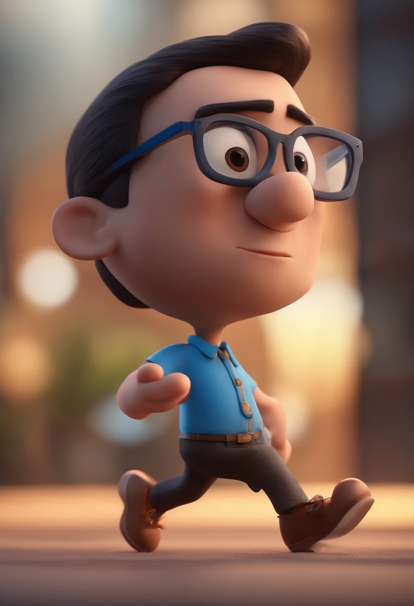 Cartoon character of a man with black glasses and a blue shirt, animation character, Caractere estilizado, animation style rendering, 3D estilizado, Arnold Maya render, 3 d render stylized, toon render keyshot, Personagem 3D, Personagem 3D, 3d rendering stylized, 3 d character render, personagem de desenho animado, Personagem de close up, Pose de personagem, (Estilo Pixar) (master part:1.2) (Bokeh) (best quality) (pele detalhada) (textura detalhada) (8k) (argila) (Cinematic lighting) (foco nítido