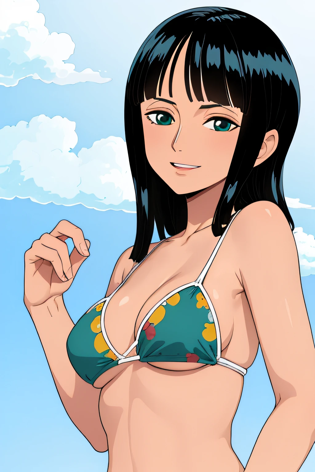 (Obra maestra),La mejor calidad,asombroso,Detalle fino.Profundidad de campo,hermosos ojos detallados, Nico Robin, 1girl,hembra madura,feliz,sonrisa ligera, bikini, barriga, breasts