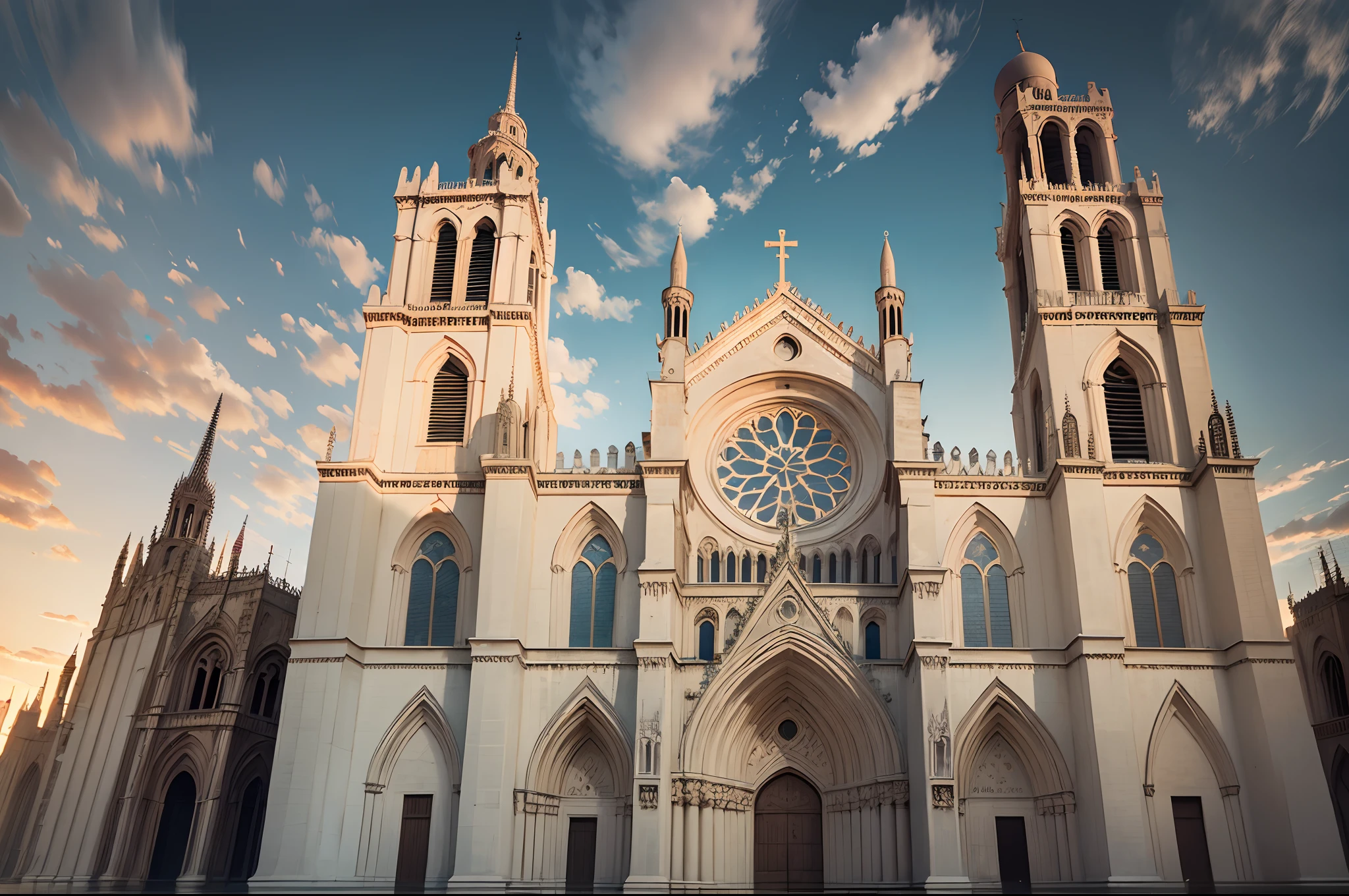 Gothic architecture in Cairo. There is the Cathedral of the Holy Cross and Saint Eulalia. Overcast day at sunset. Blue sky. Blue-beige colors. --auto --s2