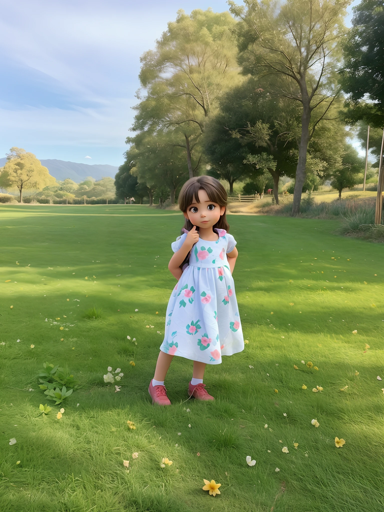 Um filme inspirado na Disney Pixar ,Girl in a dress standing in a field, em um parque, Caminhando no Parque, no Parque, em um parque, wearing a summer dress, no parque, no parque em um belo dia, organic dress, com um parque ao fundo, standing in an apple orchard, katelynn mini estilo bonito, Girando
