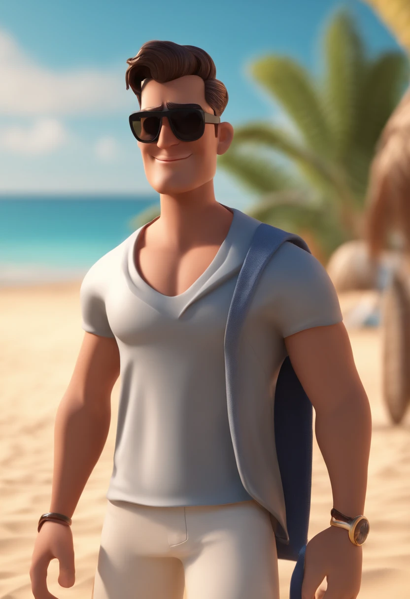 Cartoon character of a skin man with black and grow hair and a white shirt, and black sunglasses with a beach in the back , animation character, Caractere estilizado, animation style rendering, 3D estilizado, Arnold Maya render, 3 d render stylized, toon render keyshot, Personagem 3D, Personagem 3D, 3d rendering stylized, 3 d character render, personagem de desenho animado, Personagem de close up, Pose de personagem, (Estilo Pixar) (master part:1.2) (Bokeh) (best quality) (pele detalhada) (textura detalhada) (8k) (argila) (Cinematic lighting) (foco nítido