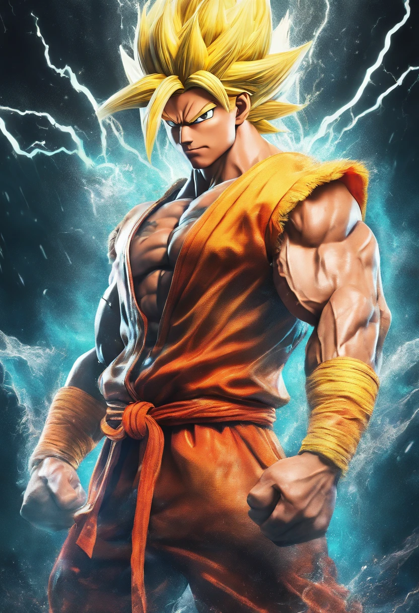 Realistic 3D rendering of Goku Super Saiyan fused Aquaman, surrounded by lightning, grande musculatura, fotografia de corpo inteiro, hiper-realista
