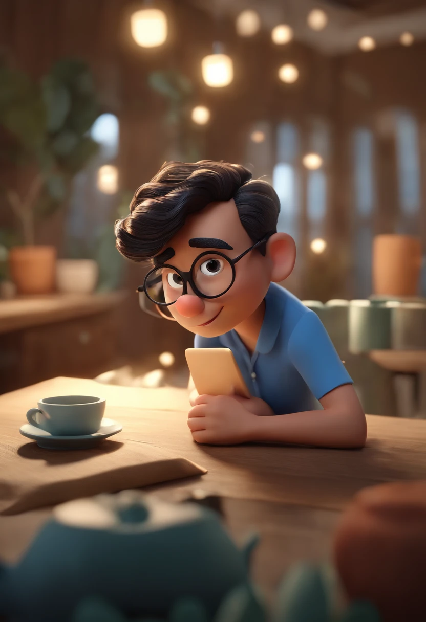 Cartoon character of a man wearing black glasses and a blue shirt, um personagem animado, Caractere estilizado, animation style rendering, 3D estilizado, Arnold Maya render, 3 d render stylized, toon render keyshot, Personagem 3D, Personagem 3D, 3d rendering stylized, 3 d character render, personagem de desenho animado, Personagem de close up, Pose de personagem, (Estilo Pixar) (master part:1.2) (Bokeh) (best quality) (pele detalhada) (textura detalhada) (8k) (argila) (Cinematic lighting) (foco nítido，Senta e vaza a parte superior do corpo