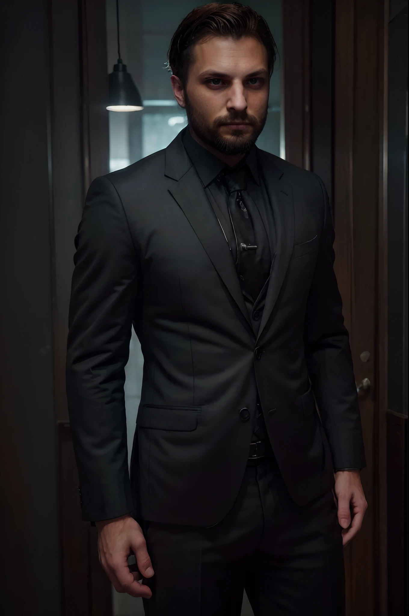 (Man wearing black suit without tie), ), (wearing beard,) attractive and serious look, short dark hair, stylish and elegant, shaved and strong body fitted in the suit, show body, man similar to actor jamie dornan, (high quality and realistic image), in the background of the dark black image and lights, cinematic style, ((Best quality, 8k, Masterpiece).