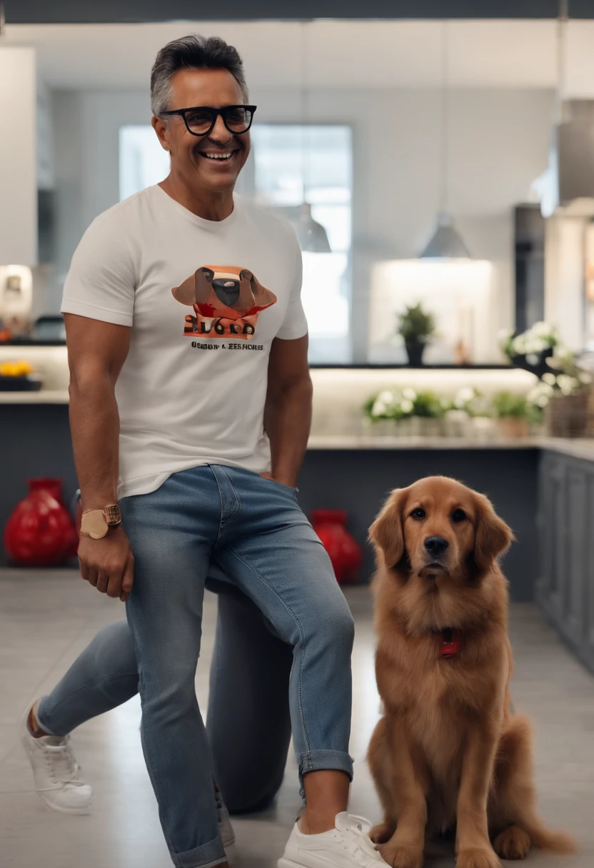 Pixar. Casal com um filhote de cachorro shitzu preto com o peito branco . A  tem os cabelos crespos castanho escuro ,amarrados, Camiseta cinza e jeans claro, Red glasses. O meninobelos pretos com cabelos grisalhos, oculos preto, Dark blue jeans and gray t-shirt. They are both smiling and are 40 years old