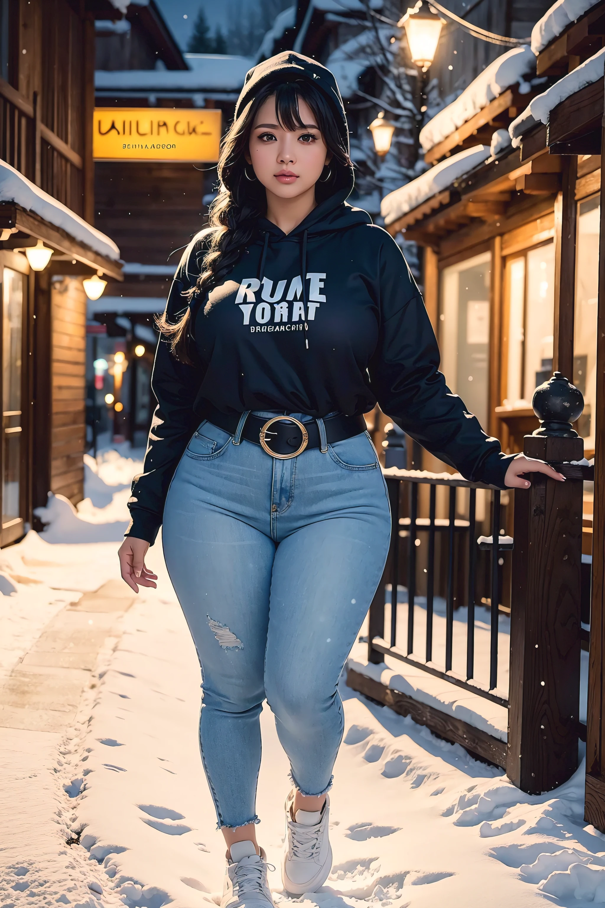Beautiful sensual woman with a curvy body, long hair, bangs, french braid, widest waist, fitting breasts, curvy accentuated booty, sparkling eyes, long eyelashes, thick thighs, Strong calves, shy Look, taniaayusiregar, She wears a hoodie, jeans, belt, yellow sneakers, strolling through a Mountain village, looking at old buildings, evening in Winter, snow, photorealistic, Masterpiece, bokeh, Volumetric lighting, winter season atmosphere, full body shot from the front